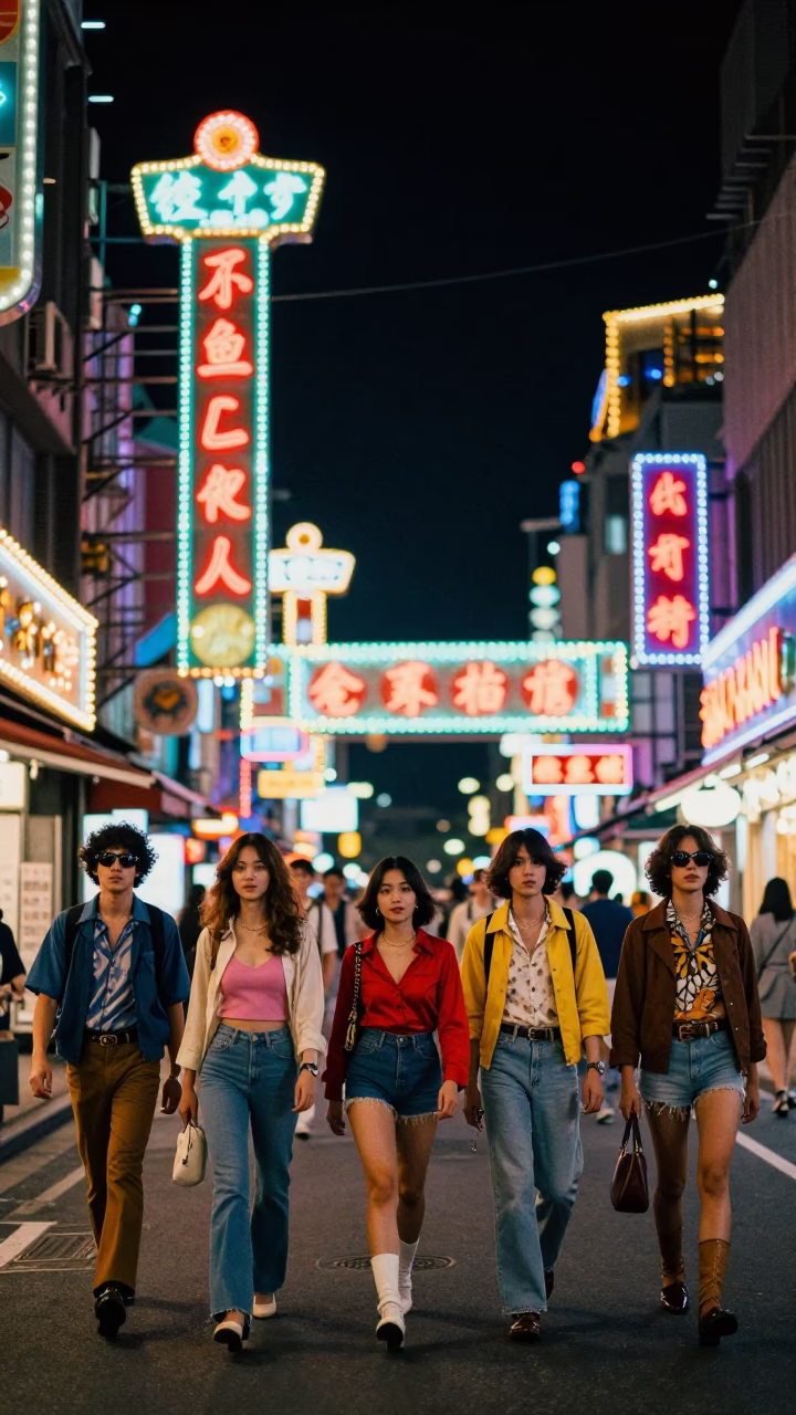 Night Street in Taipei Taiwan High Fashion Colorful 1970s Style Neon Lit in in Taipei, Taiwan