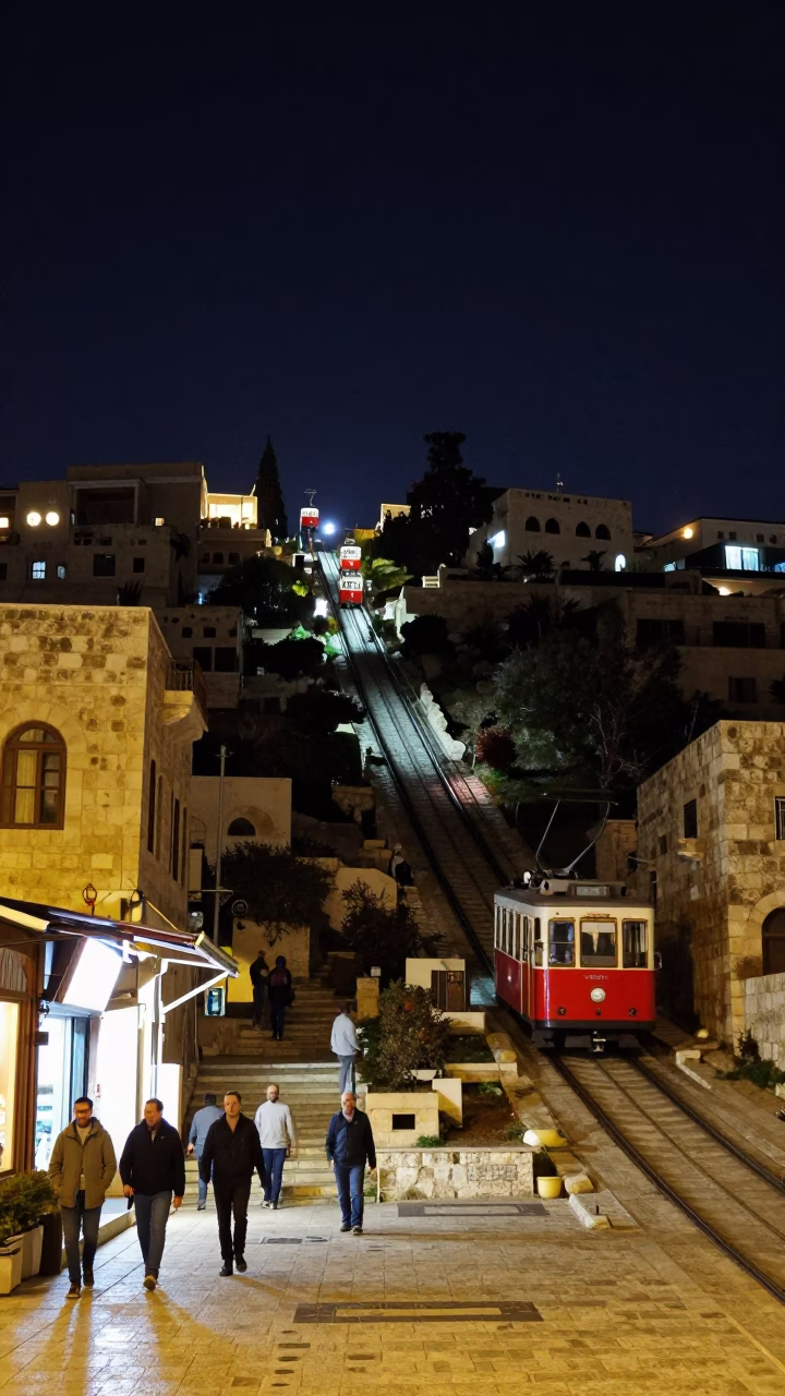 Night Street Life in Amman Jordan with Funicular and Stone Architecture in in Amman, Jordan