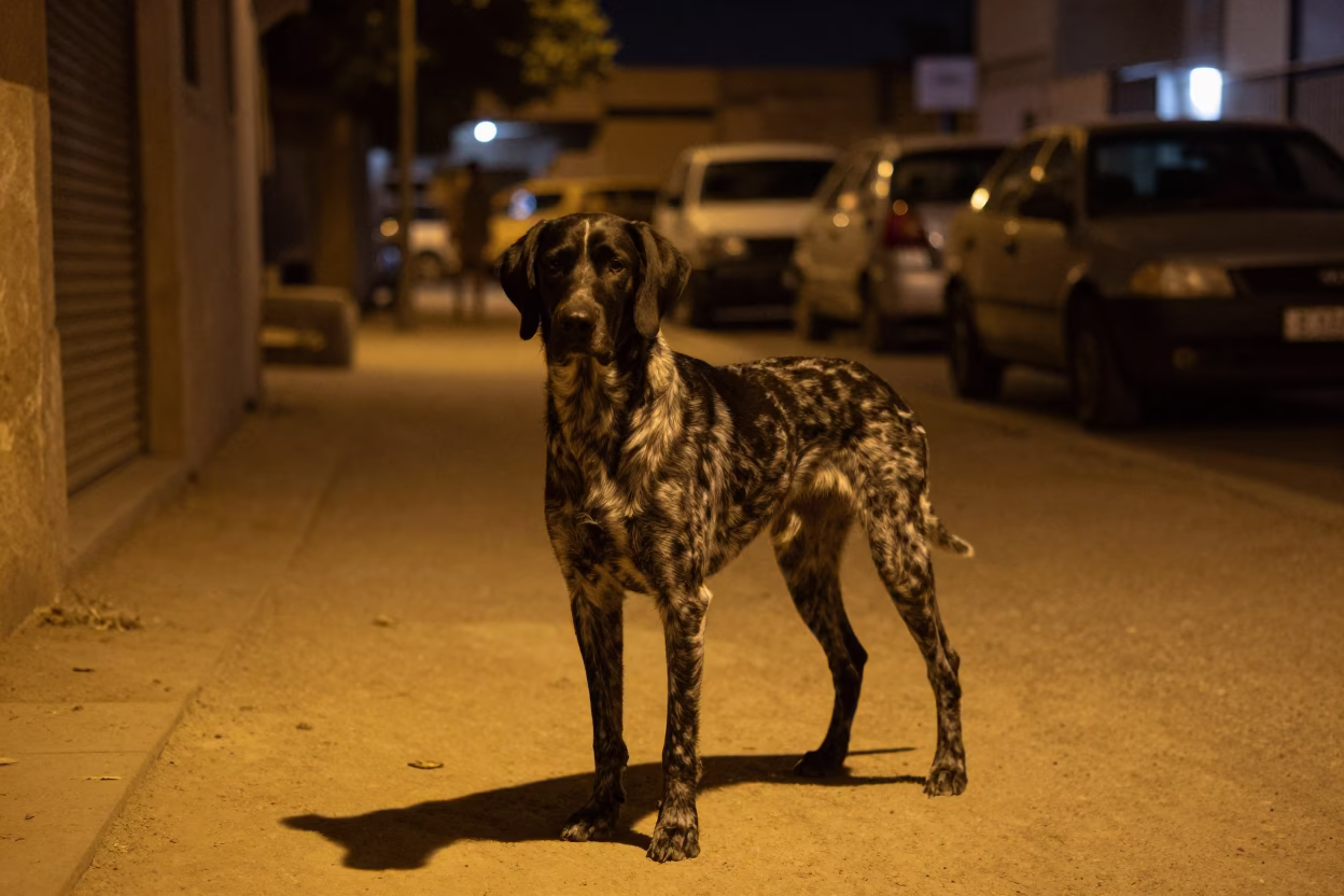 Night Street Photography of a German Shorthaired Pointer in Cairo Egypt Late Evening in in Cairo, Egypt