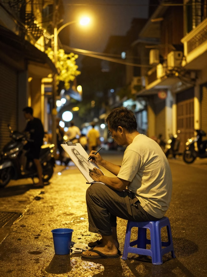 Night Street Portrait Artist Sketching Charcoal in Hanoi Vietnam Urban Scene in in Hanoi, Vietnam