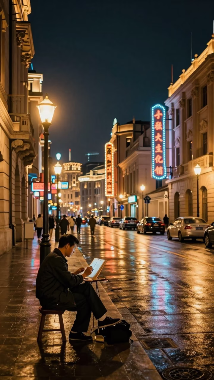 Night Street Scene in 1950s Shanghai China with Artist Painting Mural Under Deep Sky in in Shanghai, China