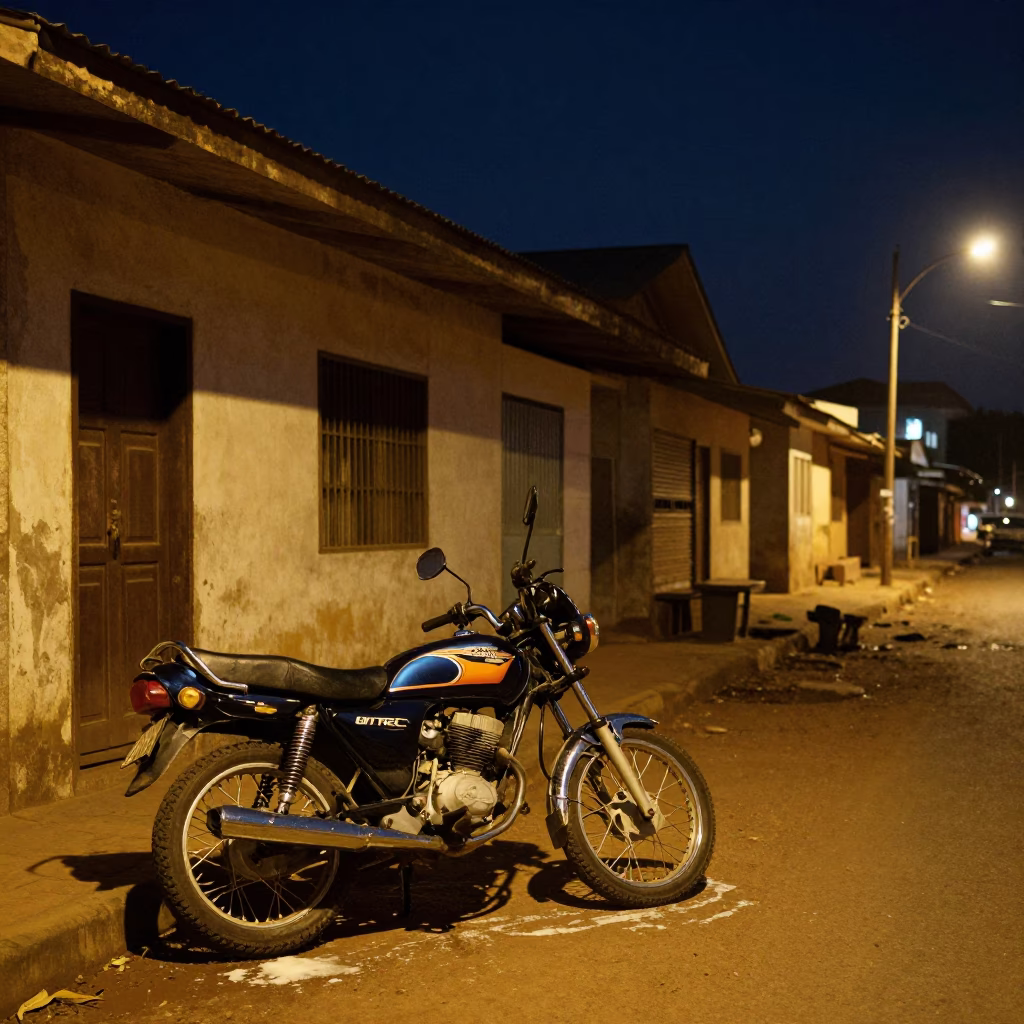 Night Street Scene in Accra Ghana with Motorcycle and Soap Residue in in Accra, Ghana