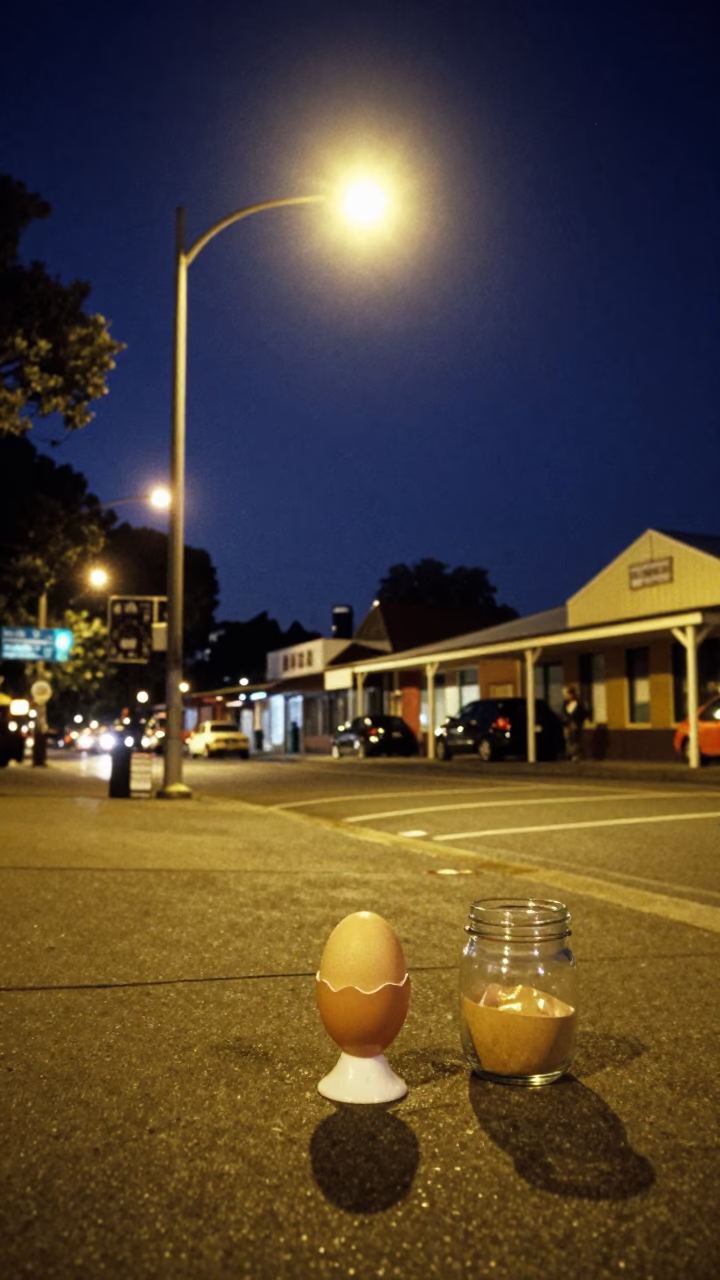 Night Street Scene in Adelaide South Australia with Egg Cup and Jar on Pavement in in Adelaide, South Australia, Australia