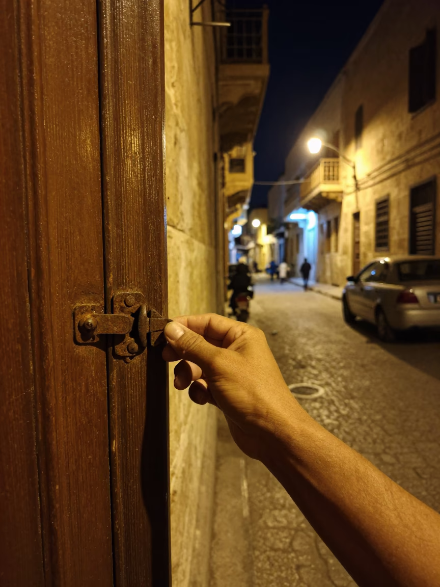 Night Street Scene in Alexandria Egypt with Latch Detail and Hand Broom in in Alexandria, Egypt
