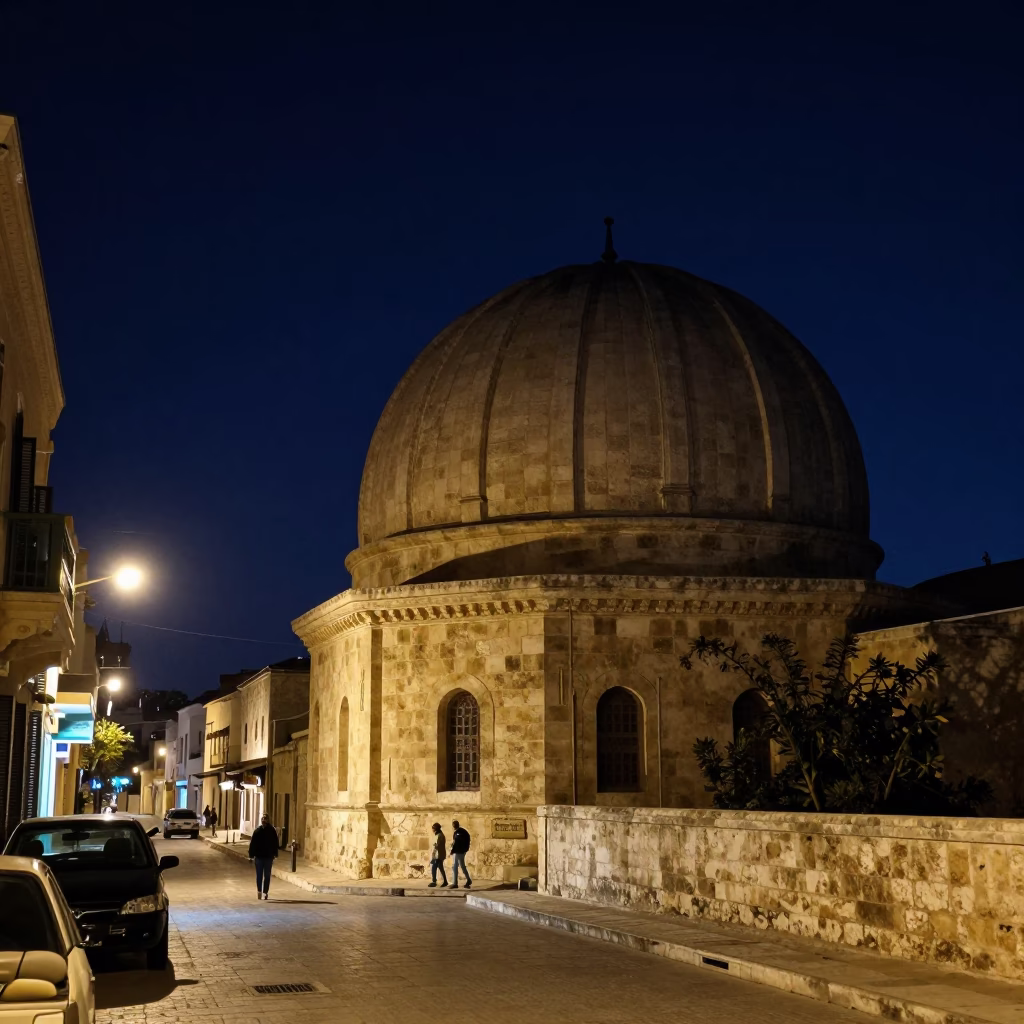 Night Street Scene in Alexandria Egypt with Stone Observatory Dome Under Starry Sky in in Alexandria, Egypt