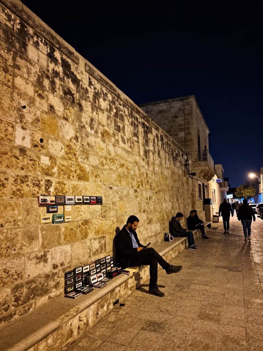 Night Street Scene in Alexandria Egypt with Vintage Cassette Tapes and Garden Rake in in Alexandria, Egypt