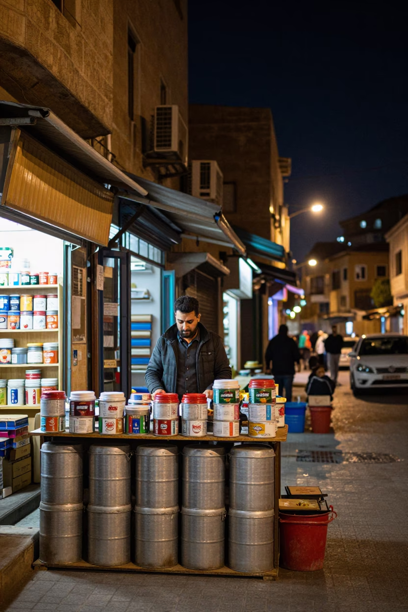 Night Street Scene in Beirut Lebanon with Colorful Storefront and Local Interaction in in Beirut, Lebanon
