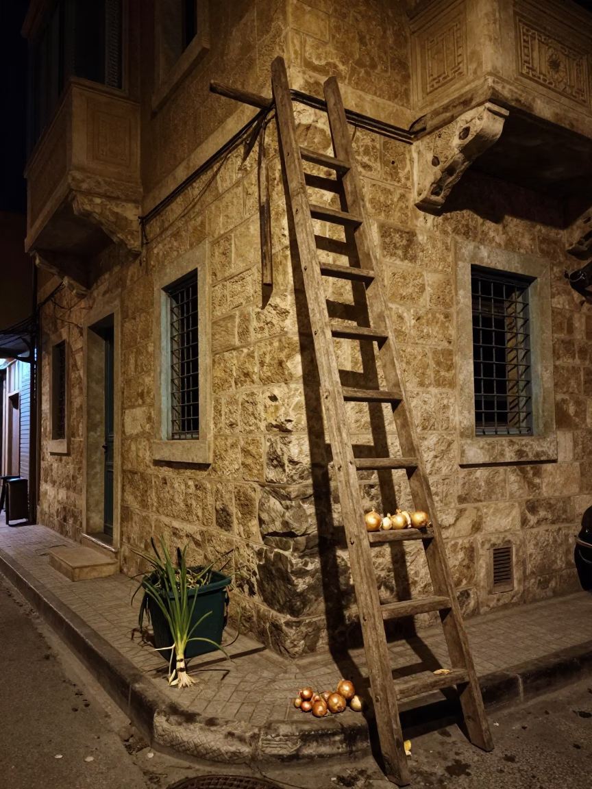 Night Street Scene in Beirut Lebanon with Wooden Ladder and Onions in in Beirut, Lebanon