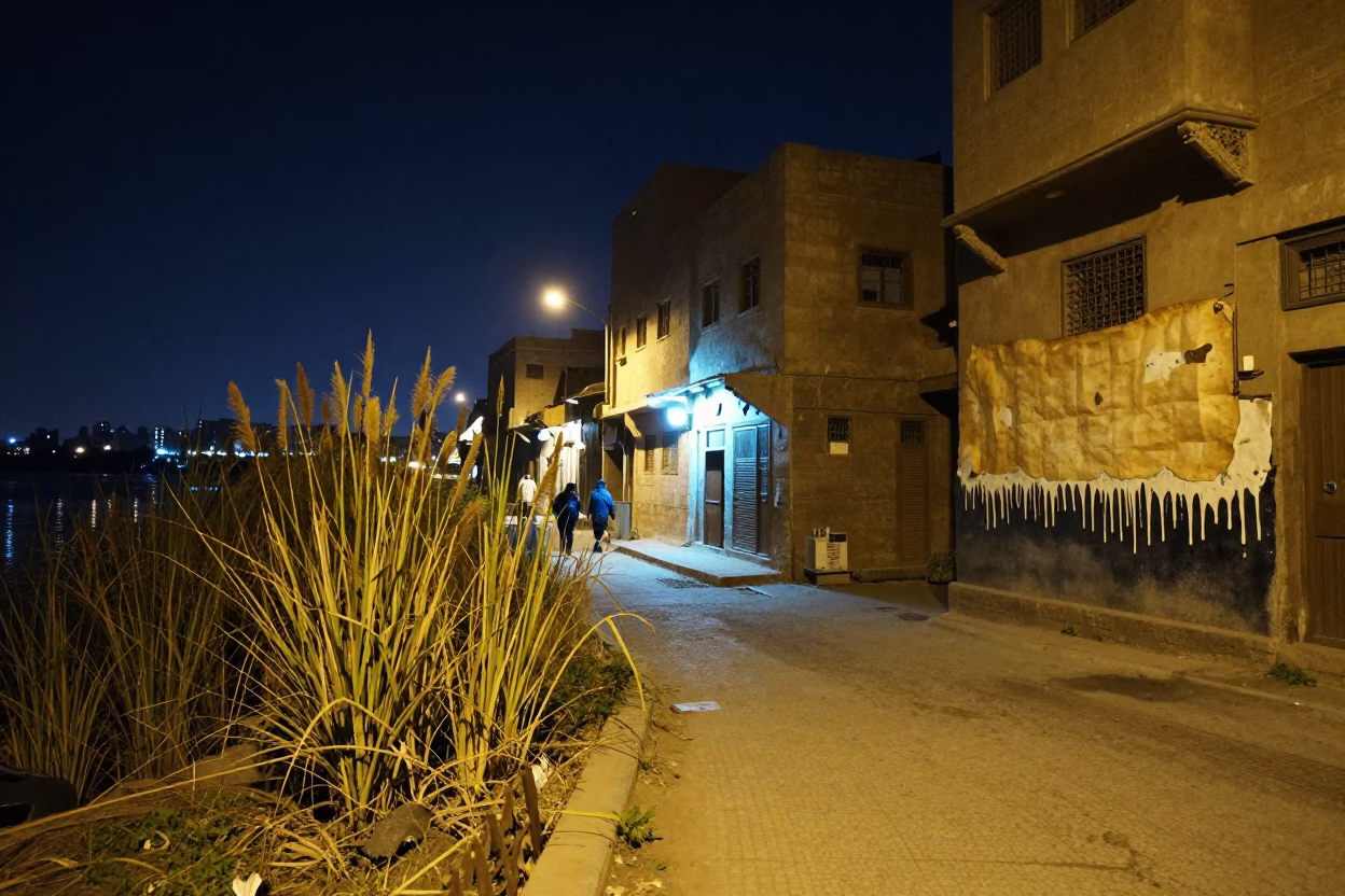 Night Street Scene in Cairo Egypt with Dripping Enamel and Papyrus River Edge in in Cairo, Egypt