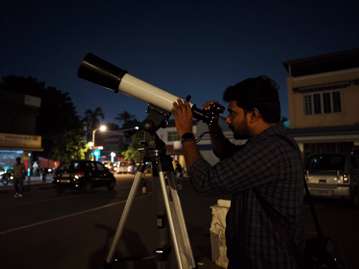 Night Street Scene in Chennai India with Astronomer and Telescope in in Chennai, India