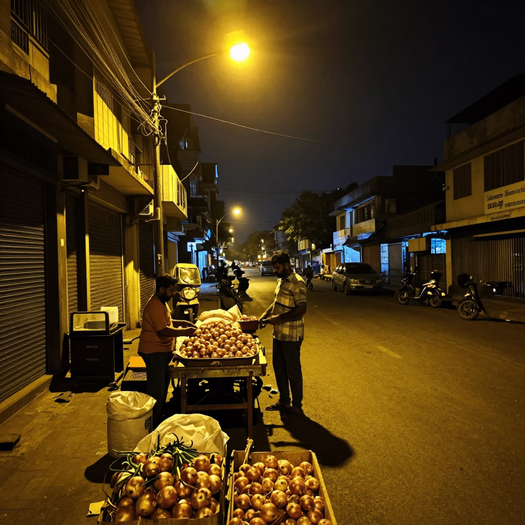 Night Street Scene in Chennai India with Vendor and Onions in in Chennai, India