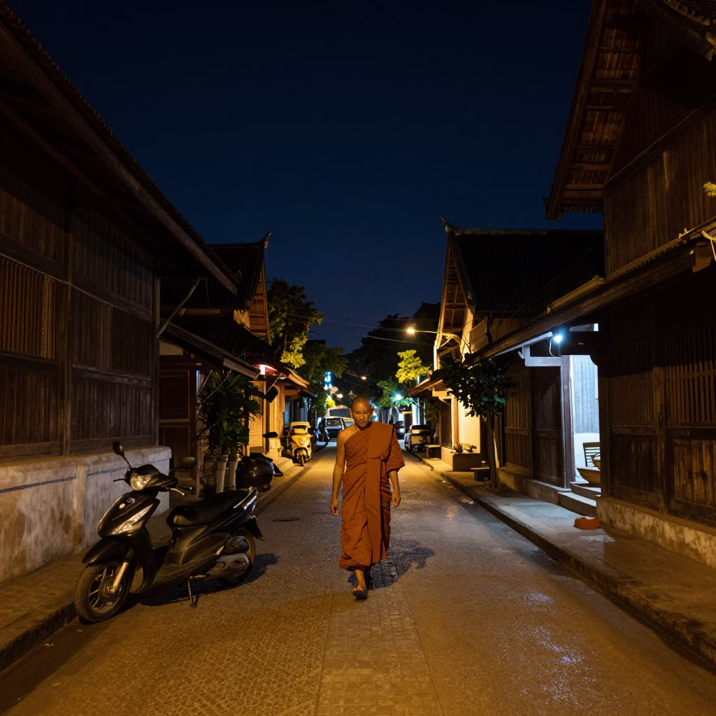 Night Street Scene in Chiang Mai Thailand with Monk Alms and Scooter in in Chiang Mai, Thailand
