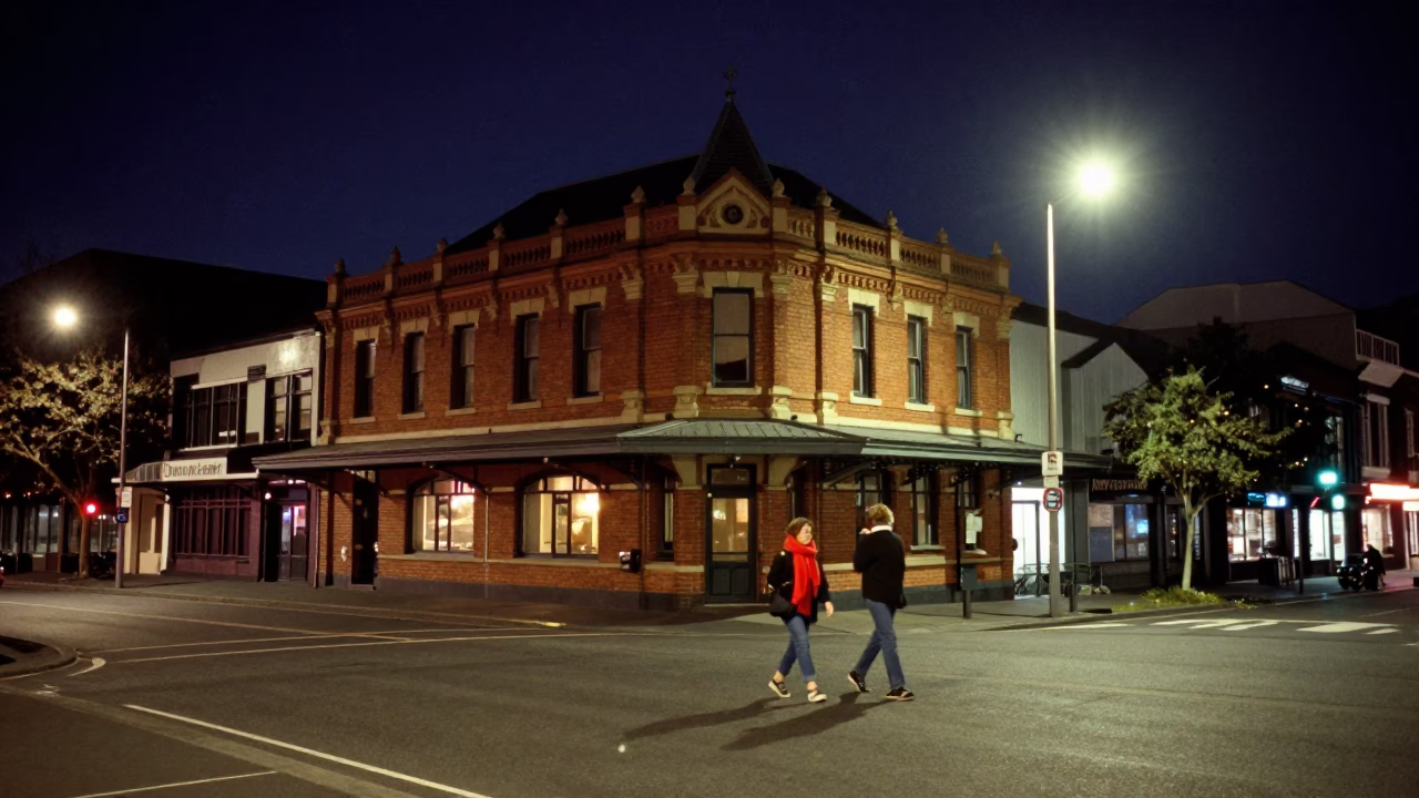 Night Street Scene in Christchurch New Zealand with Wool Scarves and Urban Architecture in in Christchurch, New Zealand