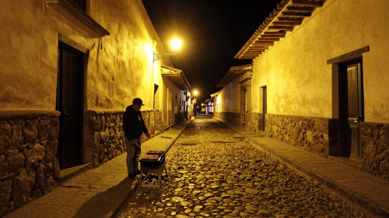Night Street Scene in Cusco Peru with Grilling Kebab and Wooden Ladder in in Cusco, Peru