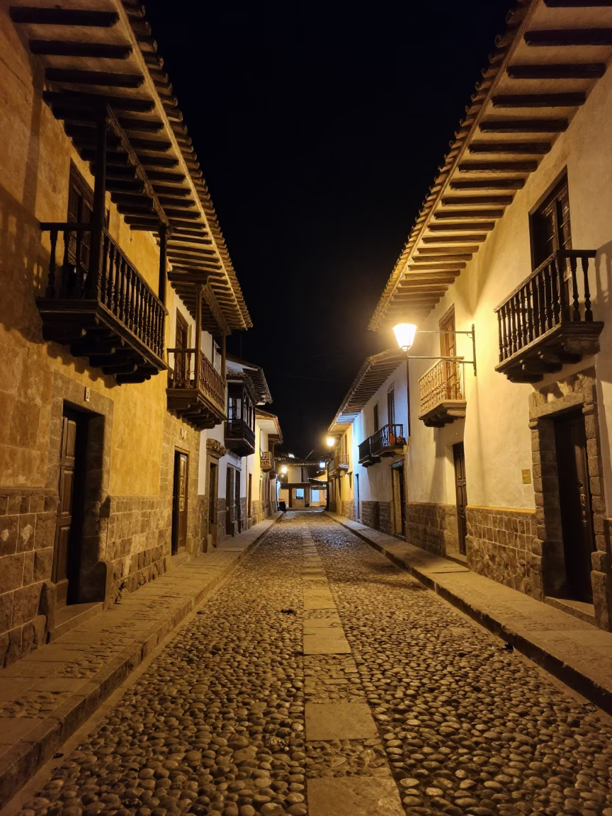 Night Street Scene in Cusco Peru with Stone Architecture and Local Life in in Cusco, Peru