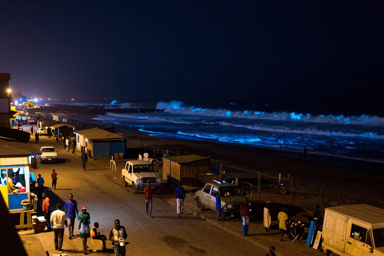 Night Street Scene in Dakar Senegal with Bioluminescent Waves and Local Market Activity in in Dakar, Senegal