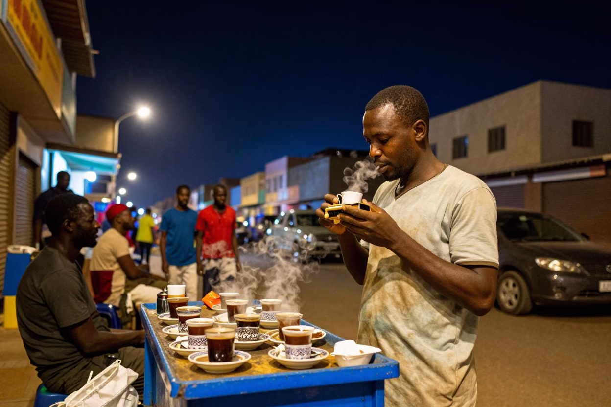 Night Street Scene in Dakar Senegal with Turkish Coffee and Harmonica in in Dakar, Senegal