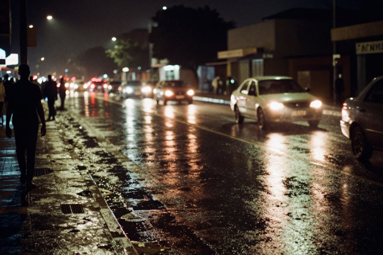 Night street scene in Dakar Senegal with wet pavement and distant city lights in in Dakar, Senegal