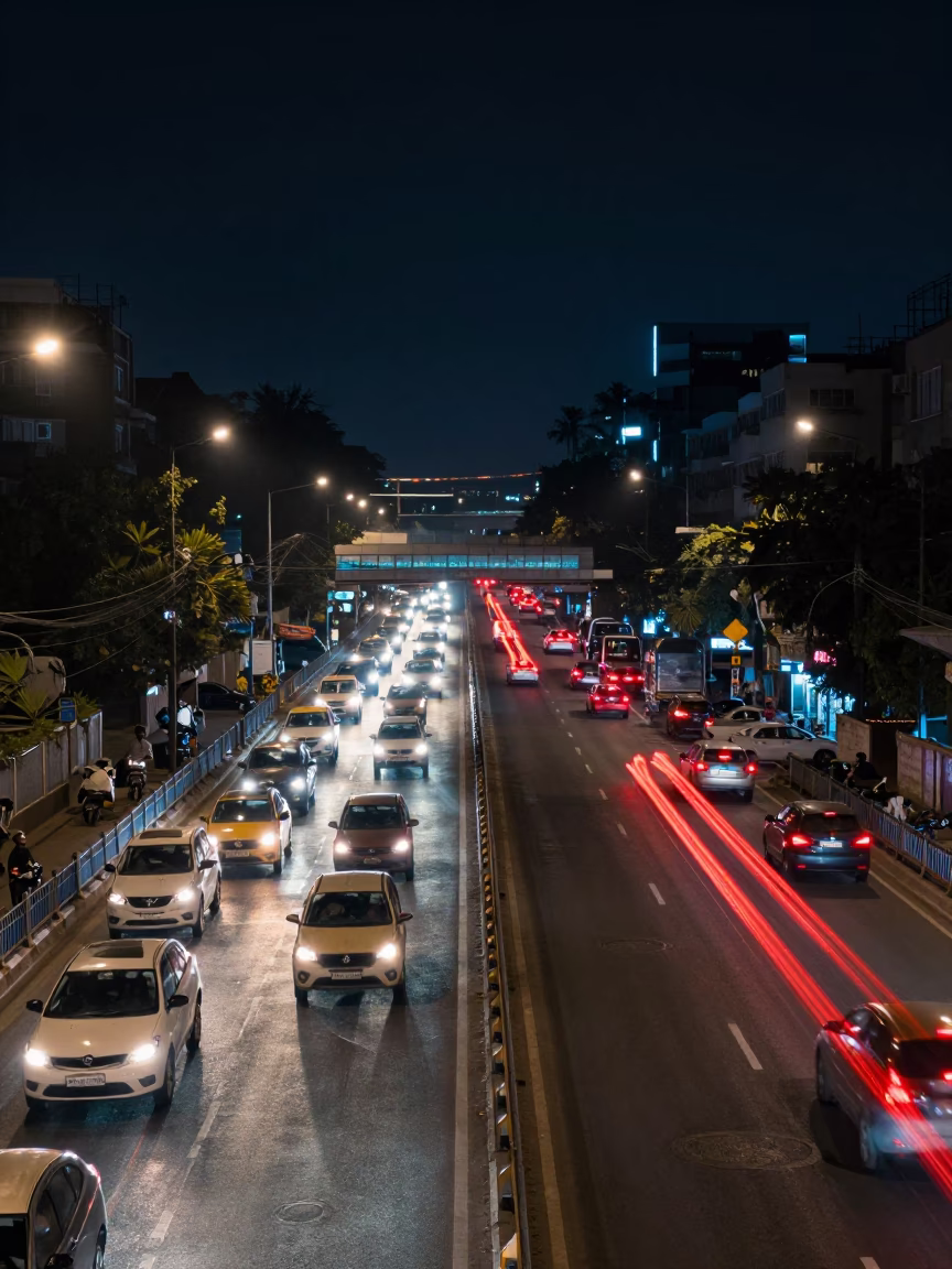 Night Street Scene in Delhi India with Overpass Taillight Streaks and Local Traffic in in Delhi, India