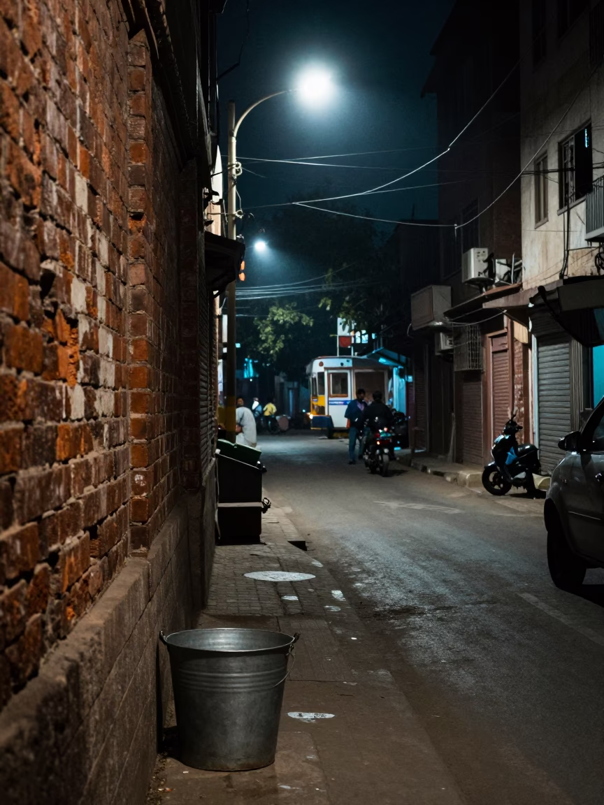 Night Street Scene in Delhi India with Tea Stains and Substation Fence in in Delhi, India