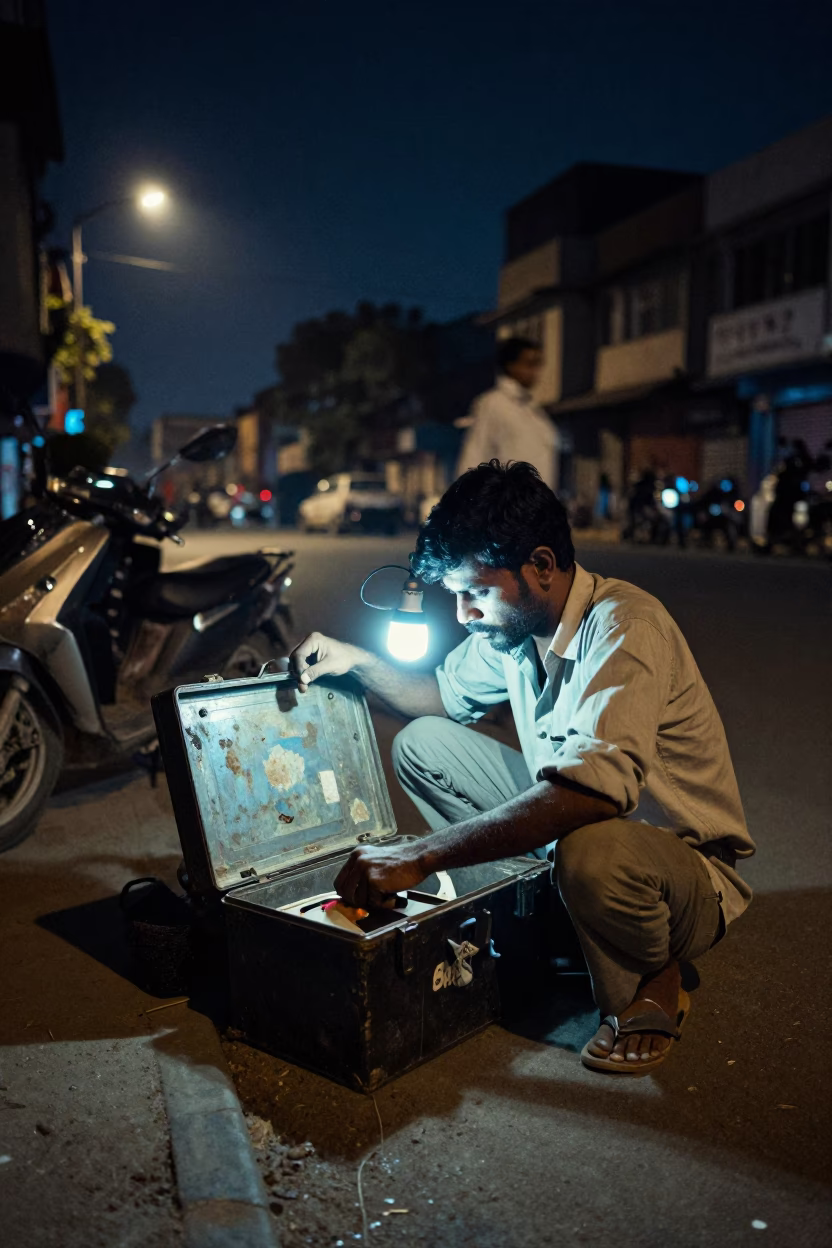 Night Street Scene in Delhi India with Toolbox and Urban Activity Under Deep Sky in in Delhi, India