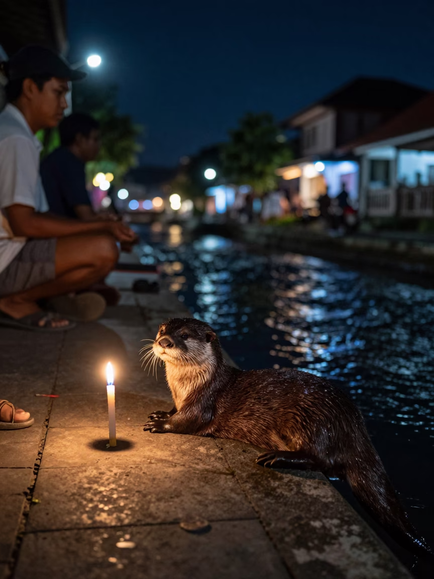 Night Street Scene in Denpasar Indonesia with Taper Candle and River Otter in in Denpasar, Indonesia