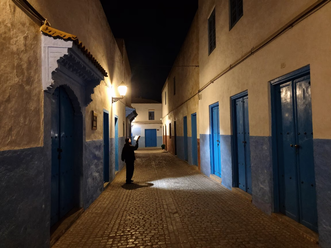 Night Street Scene in Essaouira Morocco with Book Light and Local Atmosphere in in Essaouira, Morocco