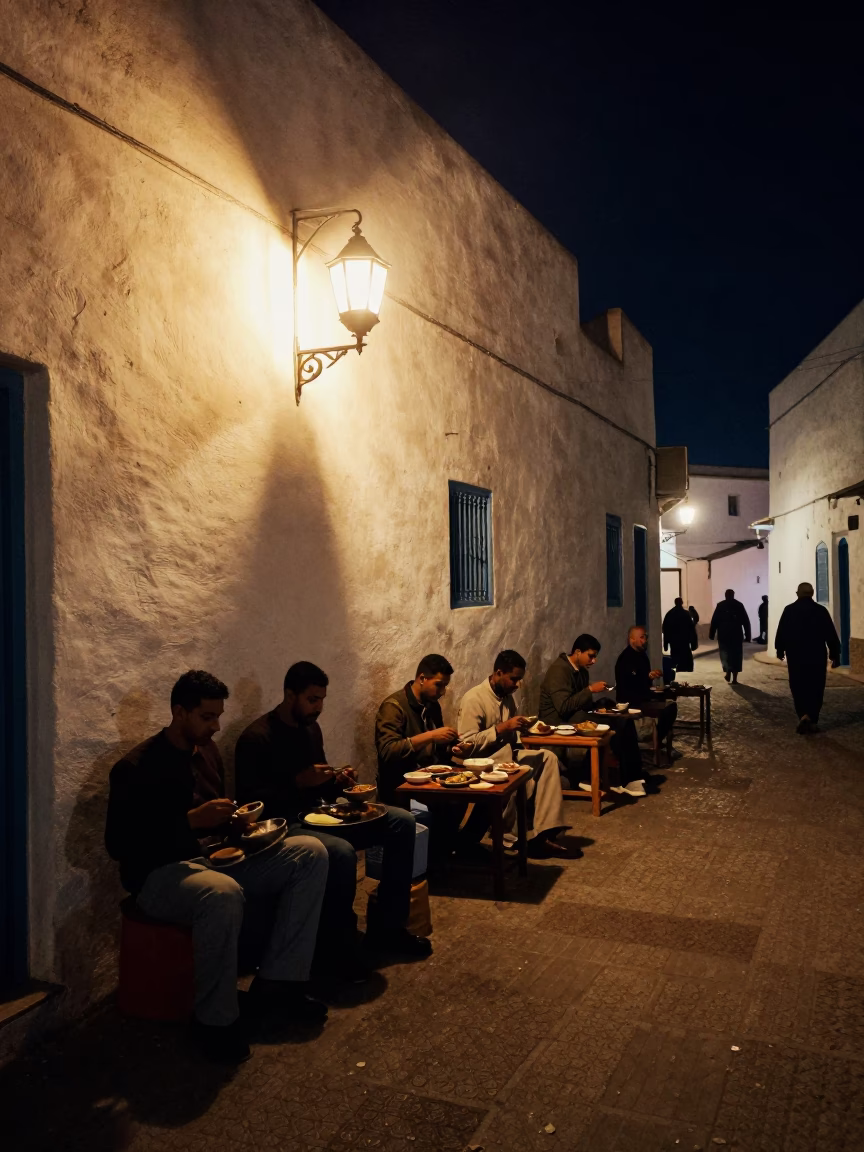 Night street scene in Essaouira Morocco with locals eating traditional food under lantern light in in Essaouira, Morocco