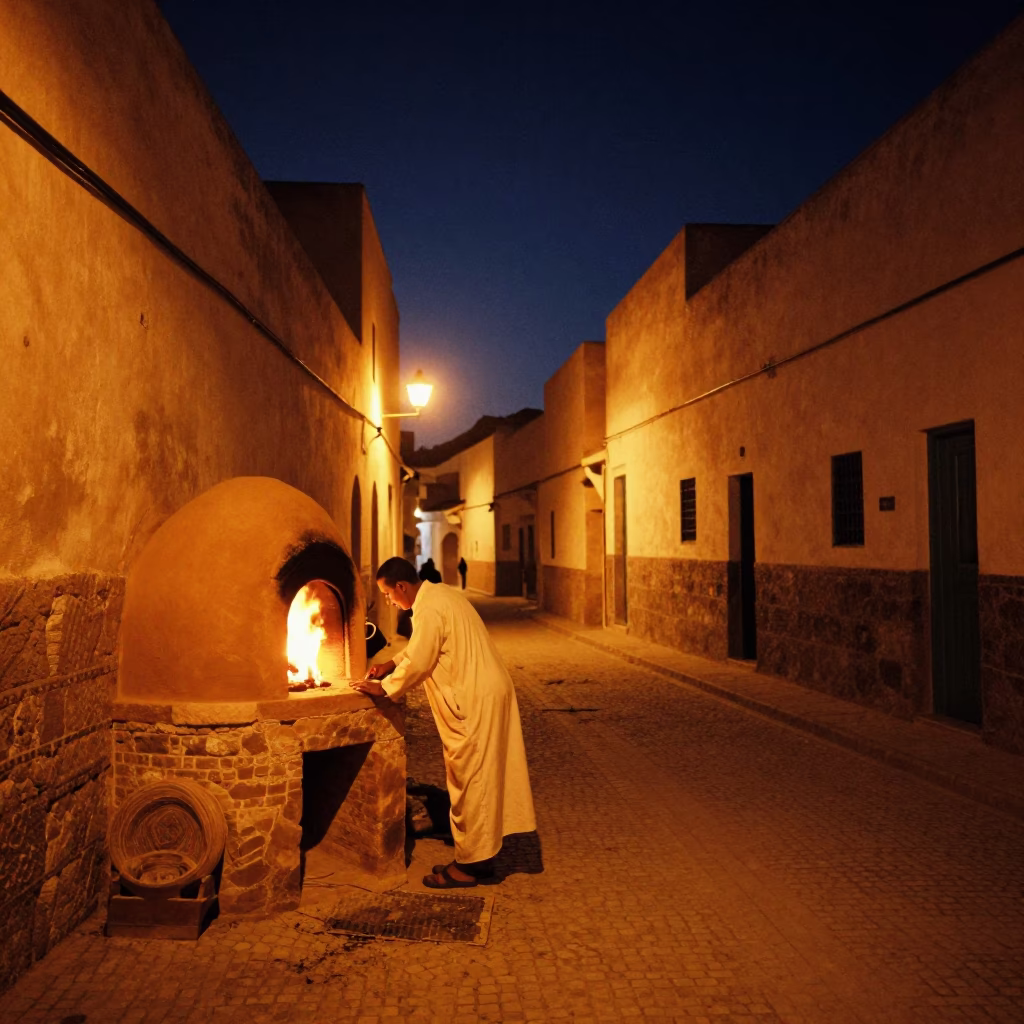 Night Street Scene in Essaouira Morocco with Man Stoking Tandoor Oven in in Essaouira, Morocco