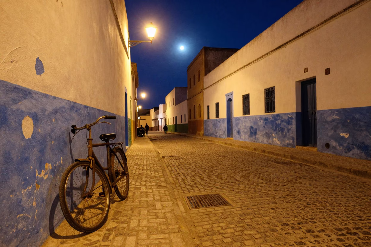 Night street scene in Essaouira with bicycle and warm city lights in in Essaouira, Morocco