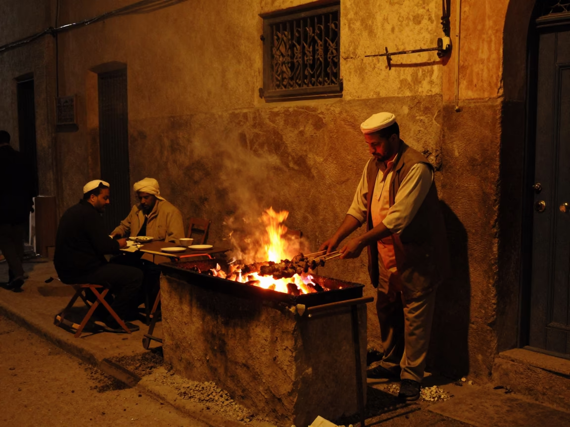 Night Street Scene in Fez Morocco with Kebab Grilling Over Coals in in Fez, Morocco
