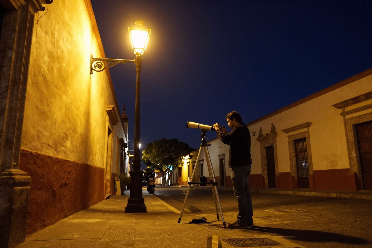 Night Street Scene in Guadalajara Mexico with Astronomer and Telescope Under Deep Sky in in Guadalajara, Mexico