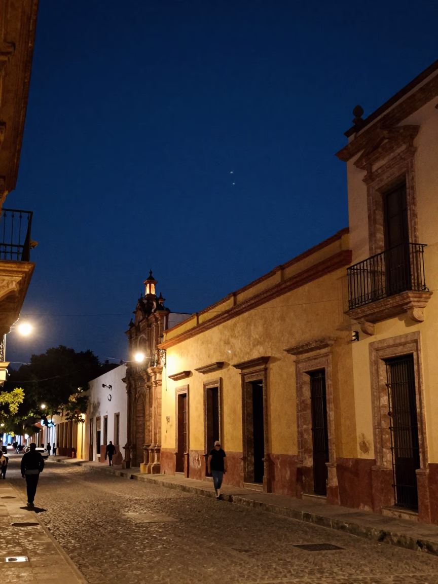 Night Street Scene in Guadalajara Mexico with Starlight and Local Details in in Guadalajara, Mexico