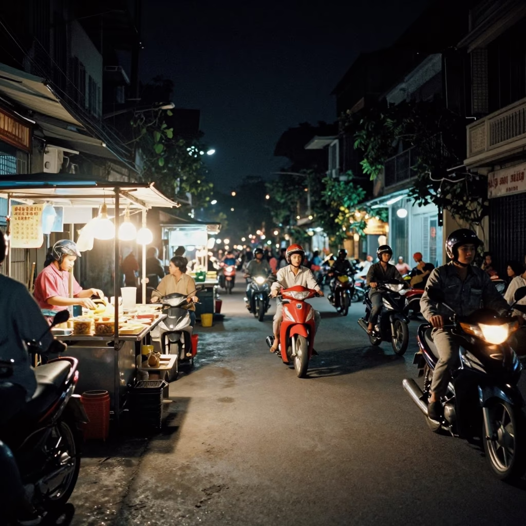 Night Street Scene in Hanoi Vietnam with Food Stall and Motorbikes in in Hanoi, Vietnam