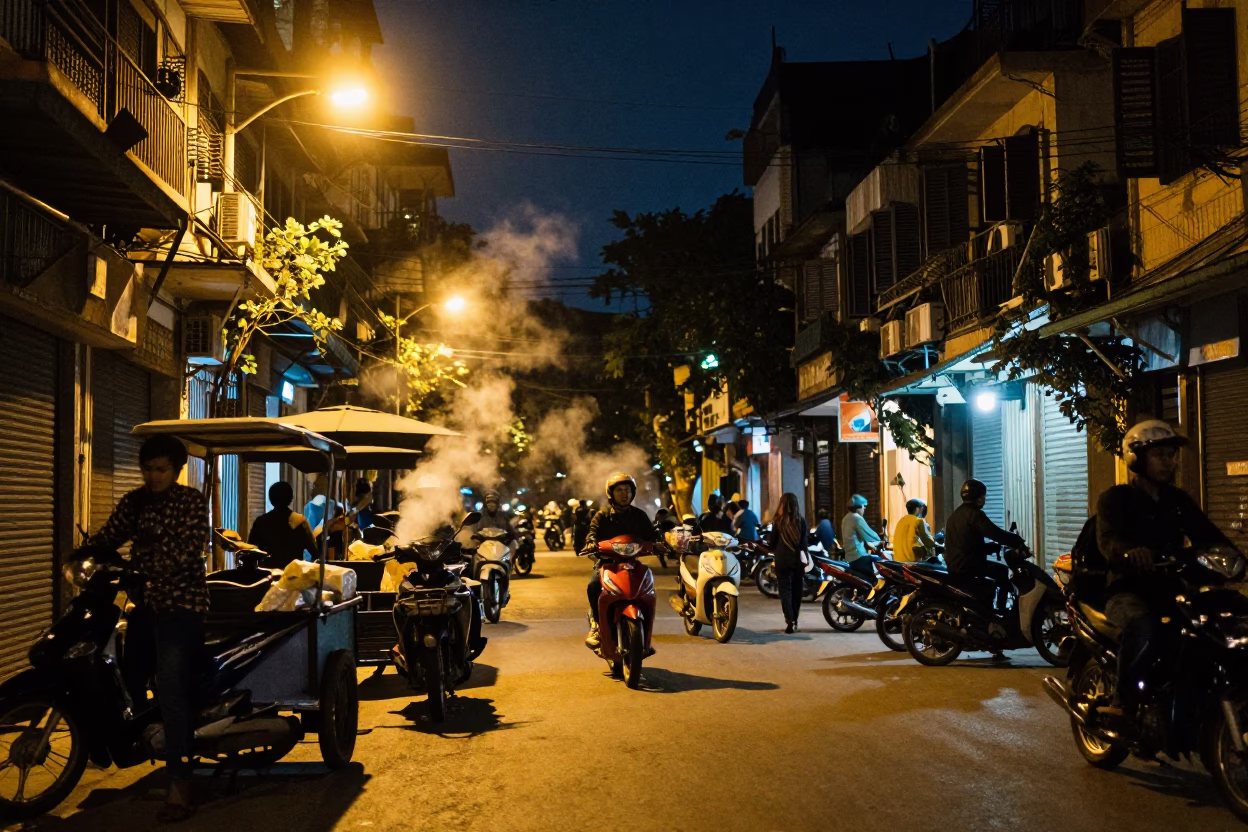 Night Street Scene in Hanoi Vietnam with Motorbikes and Steam from Street Food Vendor in in Hanoi, Vietnam