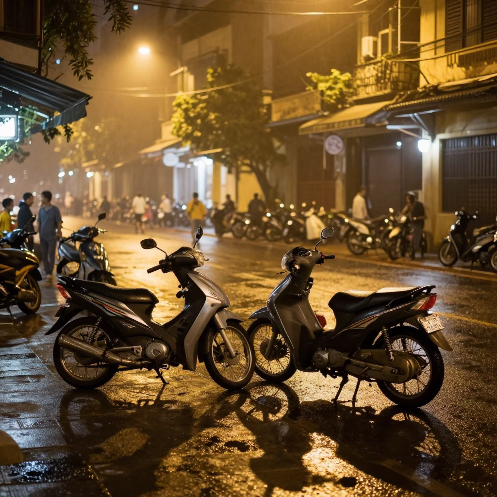 Night Street Scene in Hanoi Vietnam with Motorcycles and Local Street Food in in Hanoi, Vietnam