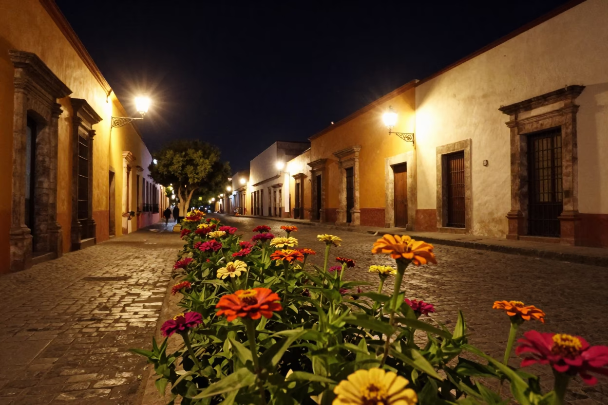 Night Street Scene in Historic Oaxaca Mexico with Zinnia Flowers and Local Life in in Oaxaca, Mexico
