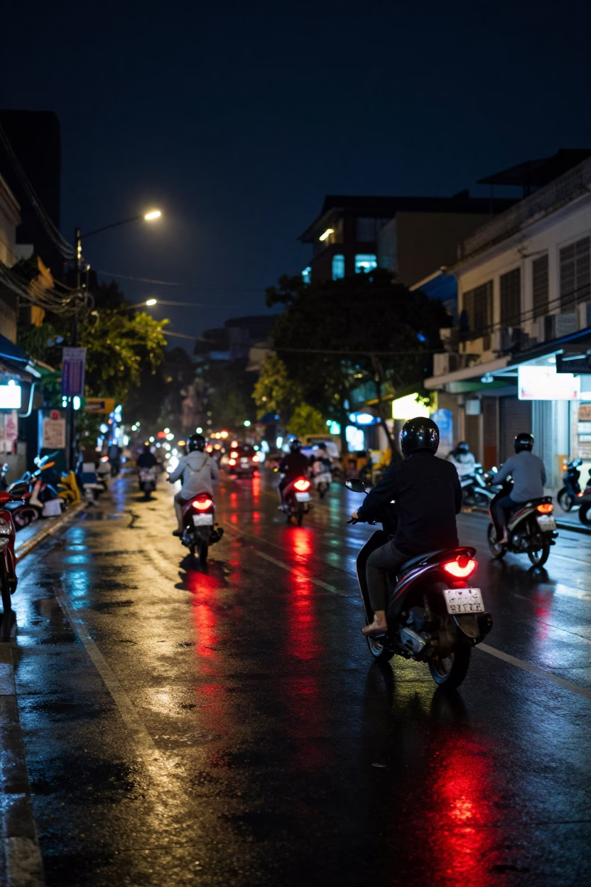 Night street scene in Ho Chi Minh City with neon reflections and motorbike traffic in in Ho Chi Minh City, Vietnam