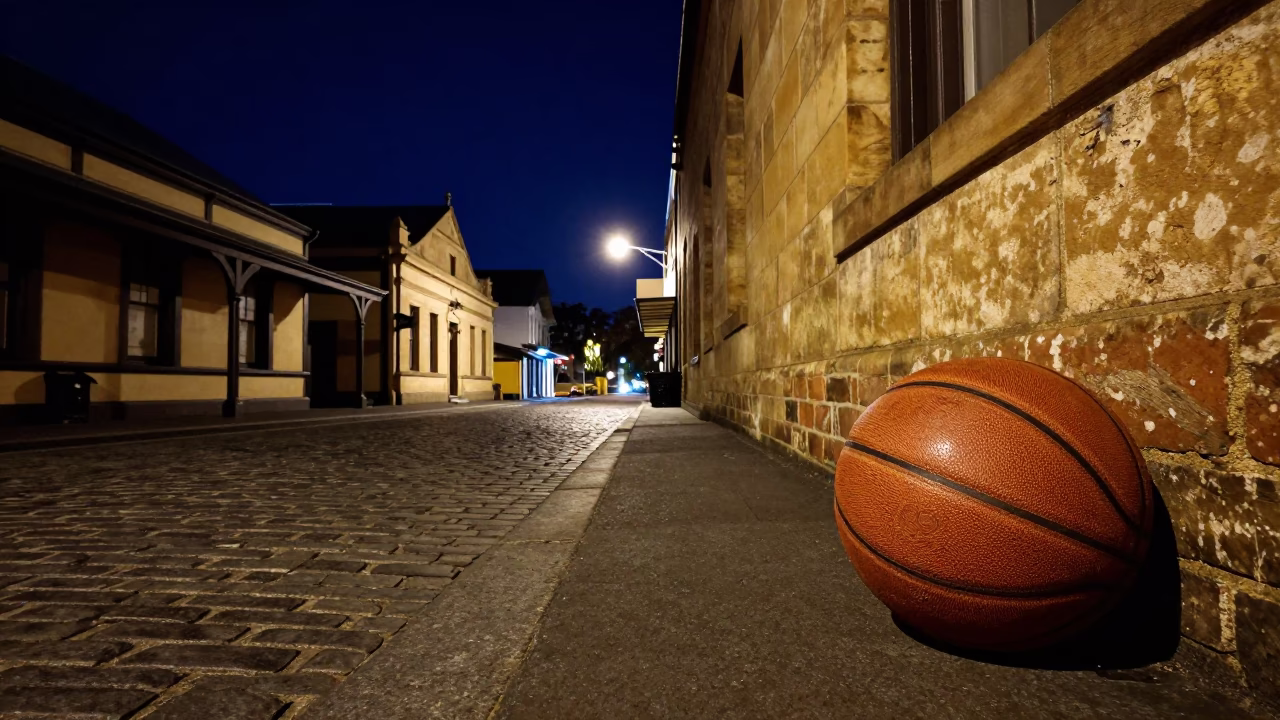 Night street scene in Hobart with old leather basketball and deadbolt in in Hobart, Tasmania, Australia