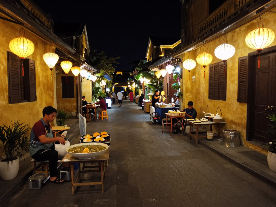 Night Street Scene in Hoi An Vietnam with Lanterns and Local Vendor in in Hoi An, Vietnam