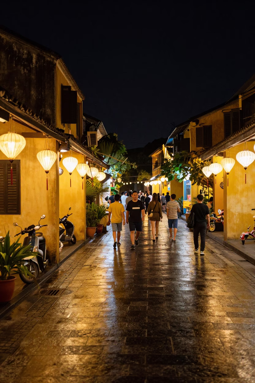 Night Street Scene in Hoi An Vietnam with Yellow Walls and Lanterns in in Hoi An, Vietnam