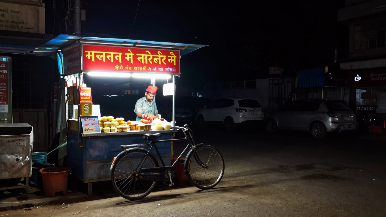 Night street scene in Hyderabad India with bicycle and chai stall under deep sky in in Hyderabad, India