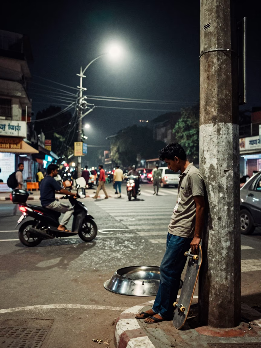Night Street Scene in Hyderabad India with Skateboard and Steel Saucer in in Hyderabad, India
