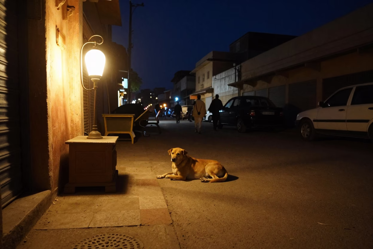 Night Street Scene in Jaipur India with Brown Dog and Street Vendor in in Jaipur, India