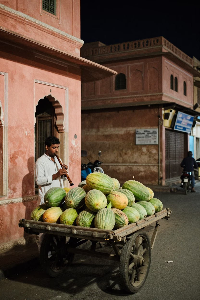 Night Street Scene in Jaipur India with Melons and Wooden Flute in in Jaipur, India