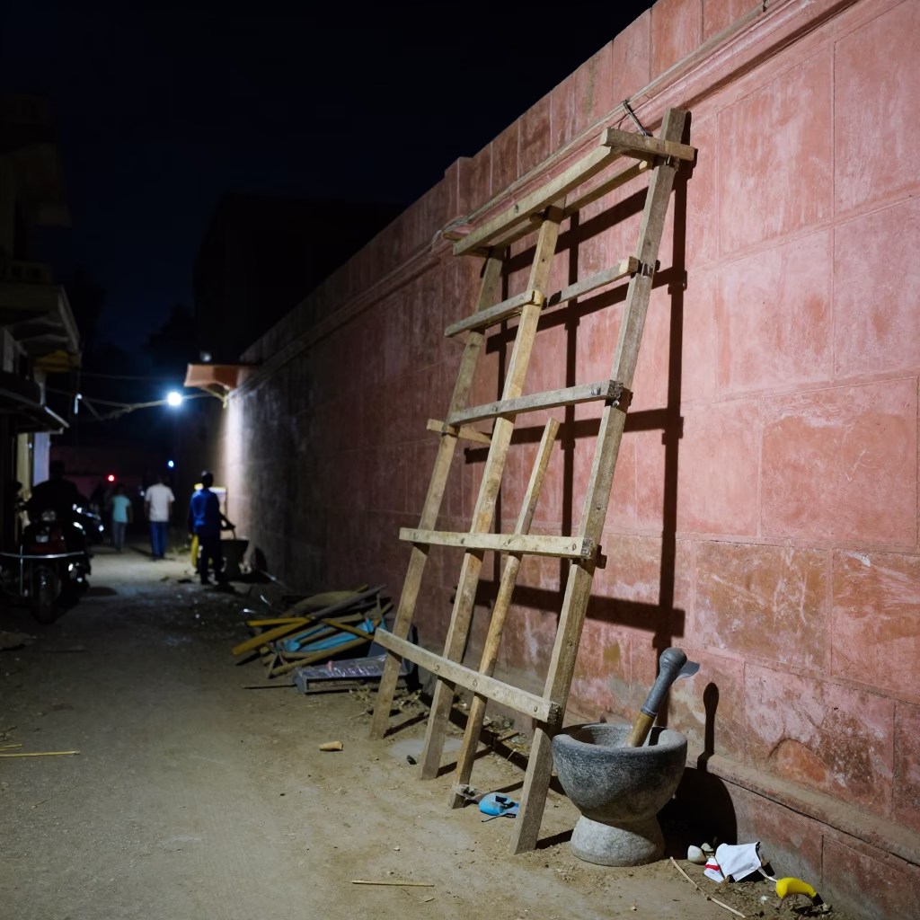 Night Street Scene in Jaipur India with Trowel and Mortar on Scaffold in in Jaipur, India