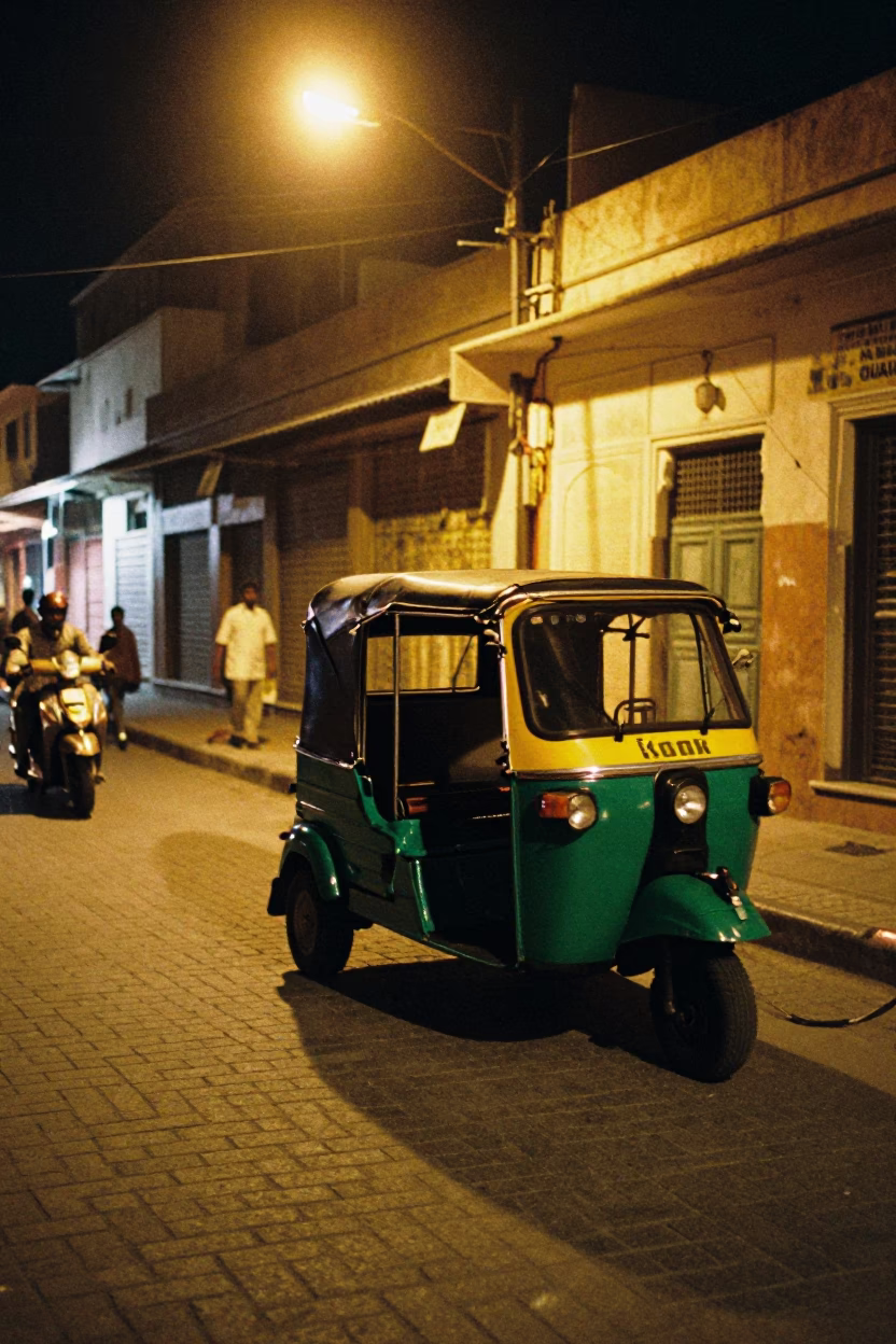 Night Street Scene in Jaipur India with Tuk Tuk and Tool Rolls in in Jaipur, India