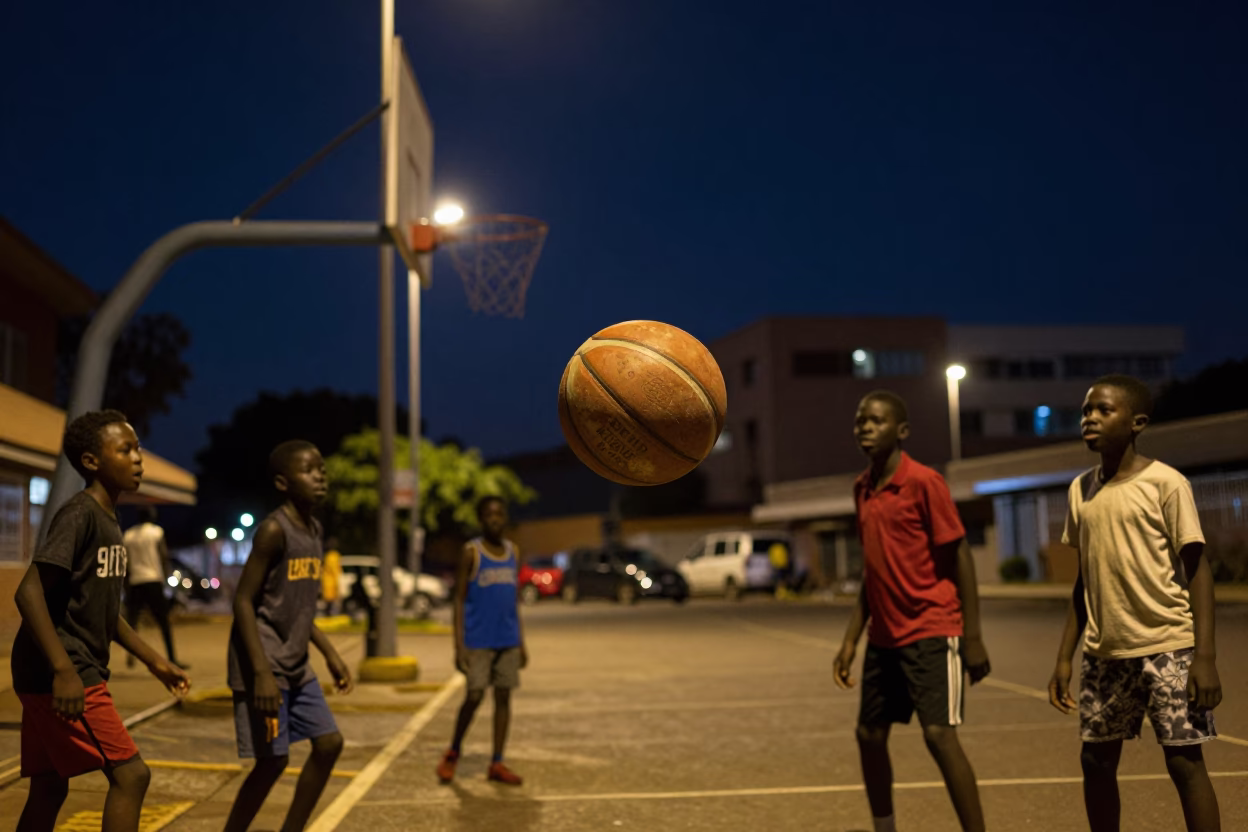 Night Street Scene in Johannesburg South Africa with Vintage Basketball and Urban Architecture in in Johannesburg, South Africa