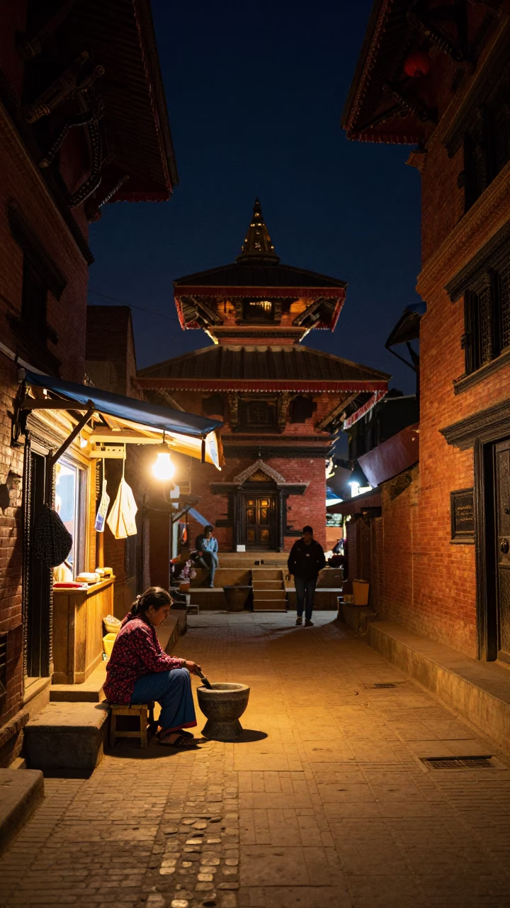 Night Street Scene in Kathmandu Nepal Mortar Pestle and Traditional Life in in Kathmandu, Nepal