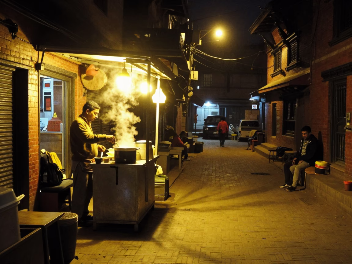 Night street scene in Kathmandu Nepal with glowing tea stall and bicycle in in Kathmandu, Nepal